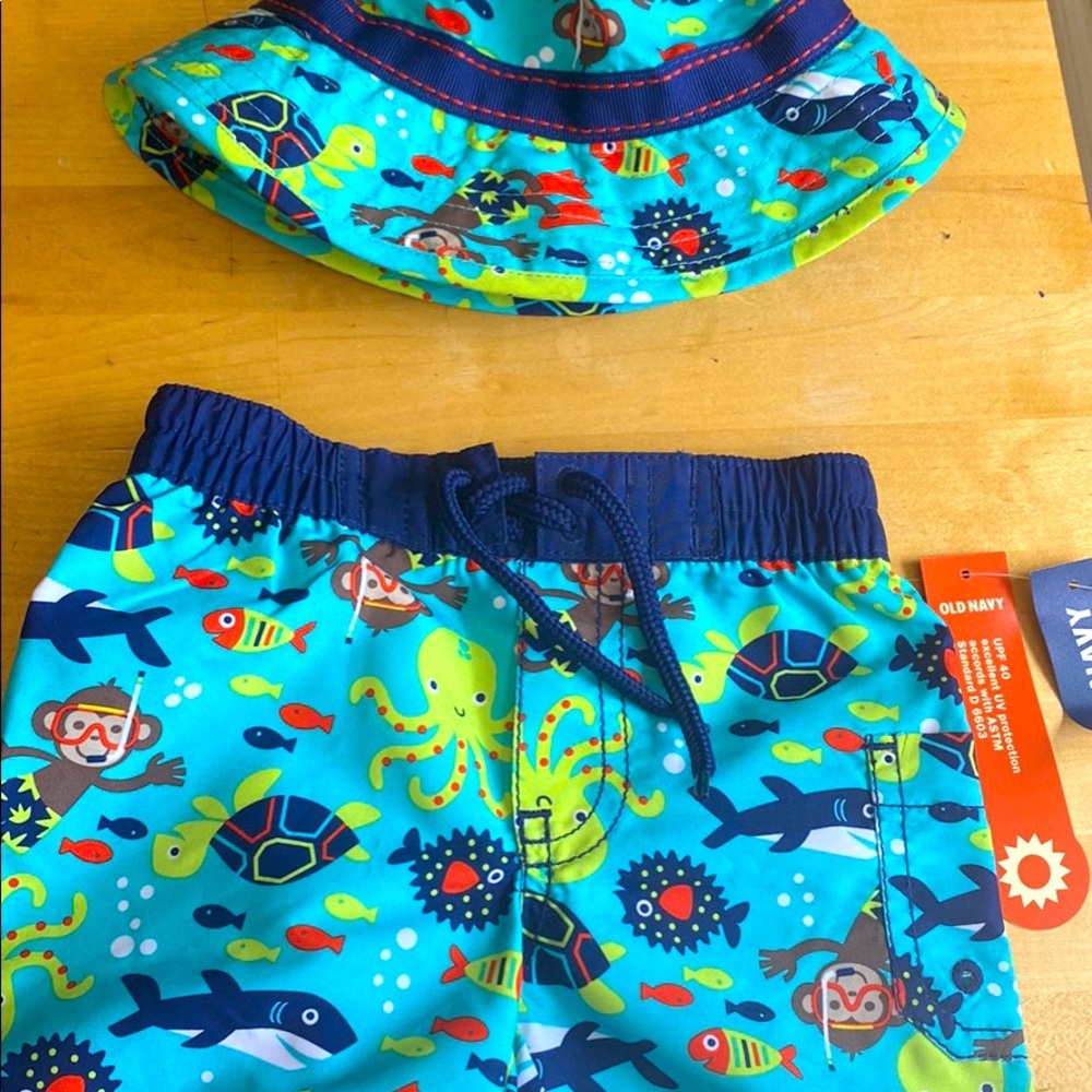 Baby boy swim trunks and hat set NWT